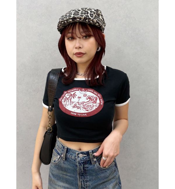 EVRIS「リンガーグラフィックショートTシャツ」|Tシャツ・カットソー|ブラック