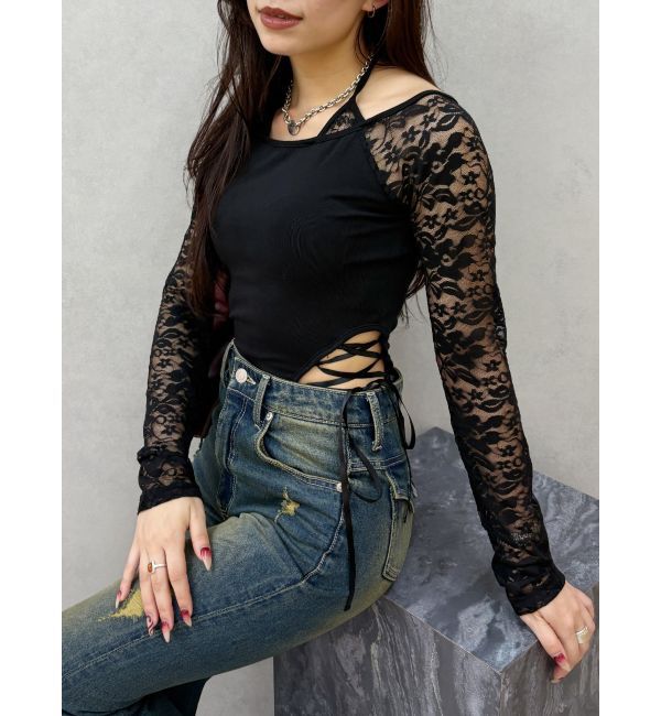 EVRIS「サイドレースアップデザイントップス」|Tシャツ・カットソー|ブラック