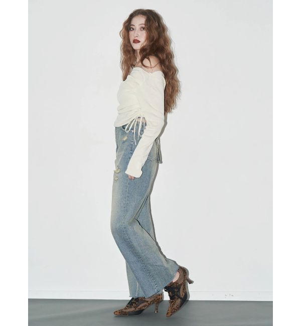 EVRIS「バックリボンワイドデニムパンツ」|デニム|