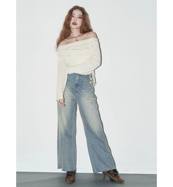 EVRIS「バックリボンワイドデニムパンツ」|デニム|