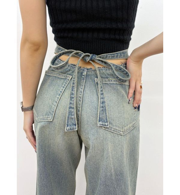 EVRIS「バックリボンワイドデニムパンツ」|デニム|