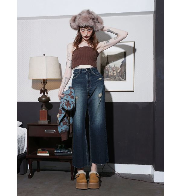 EVRIS「バックリボンワイドデニムパンツ」|デニム|