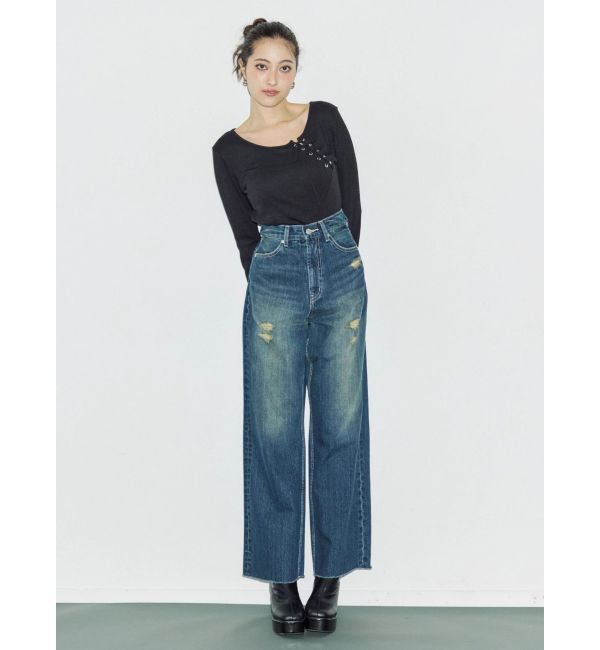 EVRIS「バックリボンワイドデニムパンツ」|デニム|