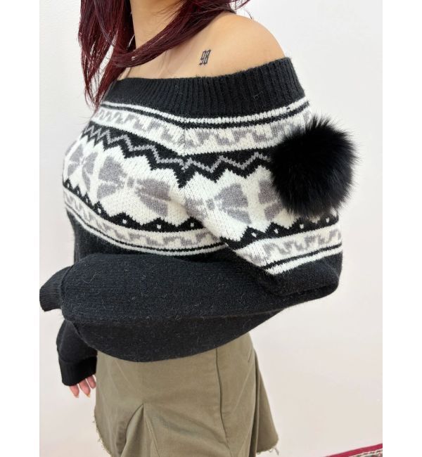 EVRIS「オリジナルグラフィックオフショルニットトップス」|ニット・セーター|