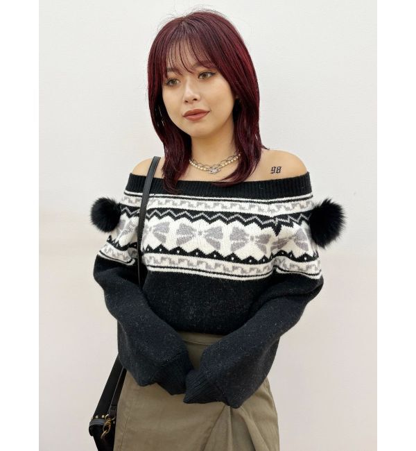 EVRIS「オリジナルグラフィックオフショルニットトップス」|ニット・セーター|