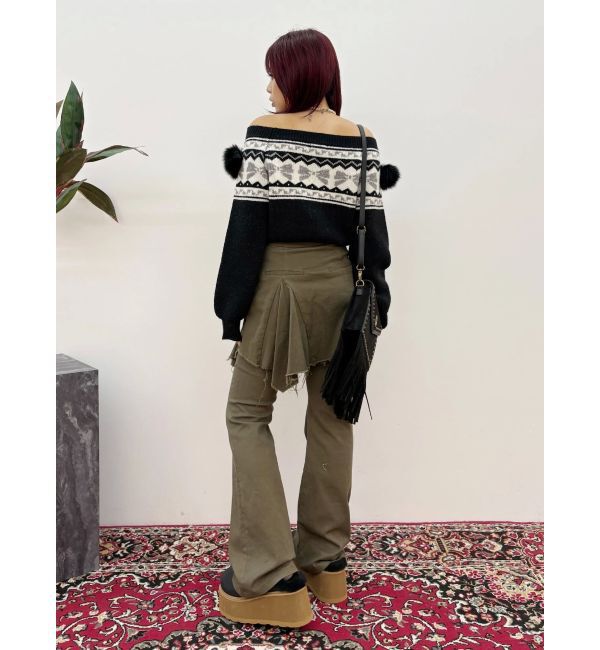 EVRIS「オリジナルグラフィックオフショルニットトップス」|ニット・セーター|