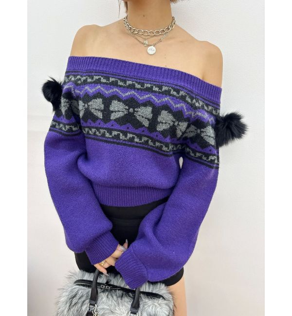 EVRIS「オリジナルグラフィックオフショルニットトップス」|ニット・セーター|