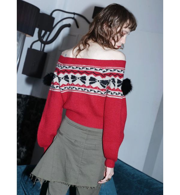 EVRIS「オリジナルグラフィックオフショルニットトップス」|ニット・セーター|