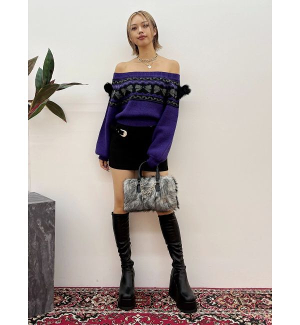 EVRIS「オリジナルグラフィックオフショルニットトップス」|ニット・セーター|