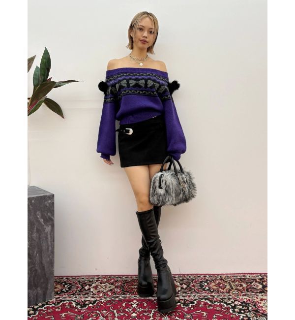 EVRIS「オリジナルグラフィックオフショルニットトップス」|ニット・セーター|