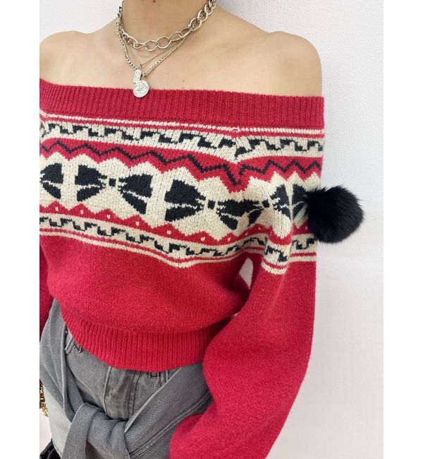 EVRIS「オリジナルグラフィックオフショルニットトップス」|ニット・セーター|