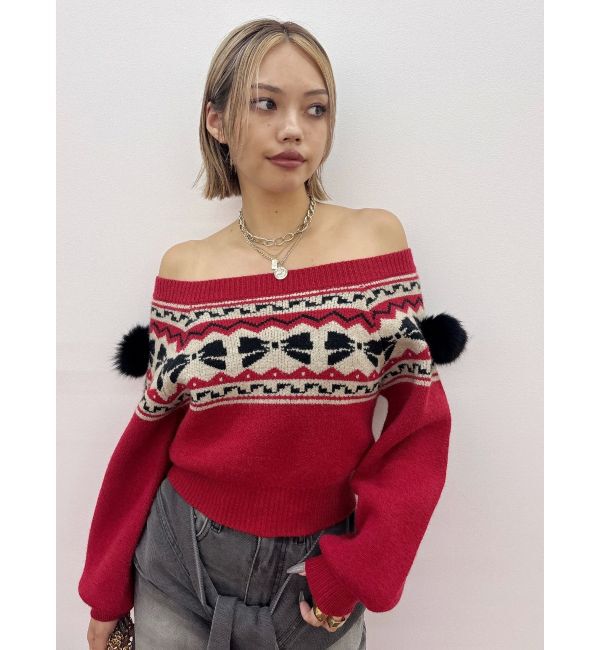 EVRIS「オリジナルグラフィックオフショルニットトップス」|ニット・セーター|