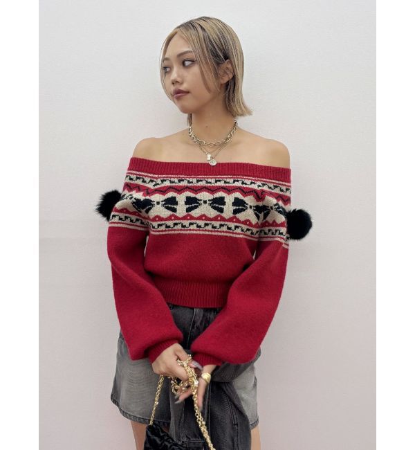 EVRIS「オリジナルグラフィックオフショルニットトップス」|ニット・セーター|