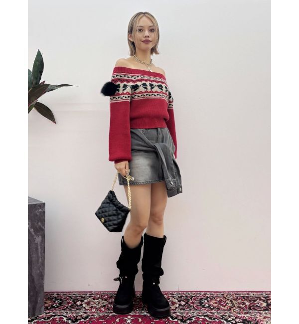 EVRIS「オリジナルグラフィックオフショルニットトップス」|ニット・セーター|