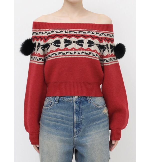 EVRIS「オリジナルグラフィックオフショルニットトップス」|ニット・セーター|