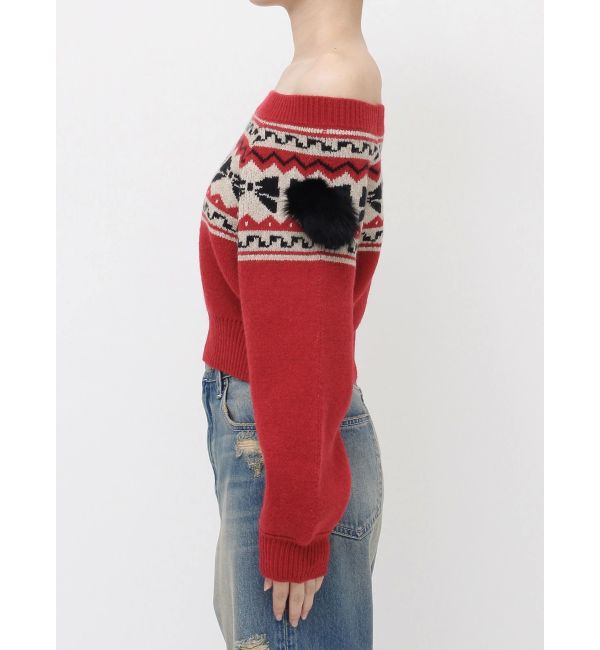 EVRIS「オリジナルグラフィックオフショルニットトップス」|ニット・セーター|