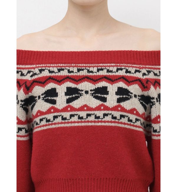 EVRIS「オリジナルグラフィックオフショルニットトップス」|ニット・セーター|