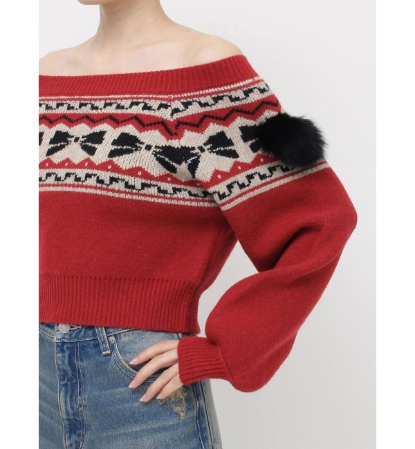 EVRIS「オリジナルグラフィックオフショルニットトップス」|ニット・セーター|