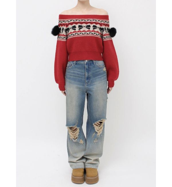 EVRIS「オリジナルグラフィックオフショルニットトップス」|ニット・セーター|