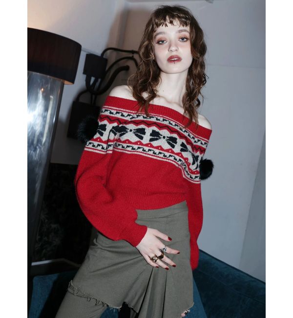 EVRIS「オリジナルグラフィックオフショルニットトップス」|ニット・セーター|