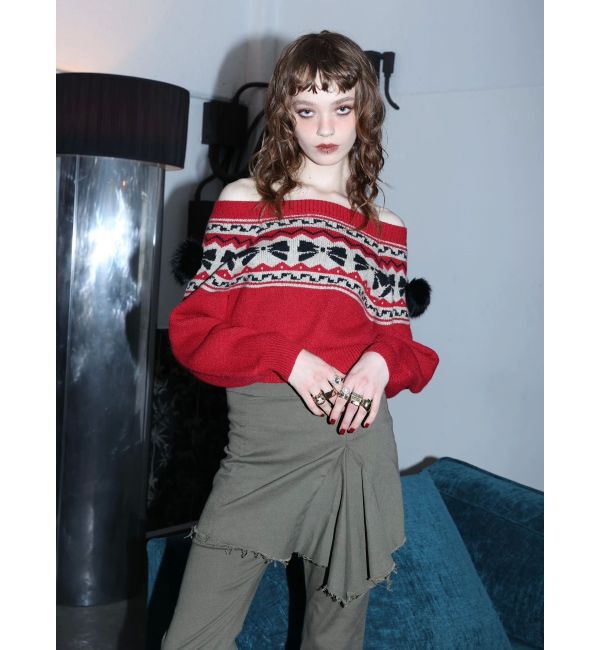 EVRIS「オリジナルグラフィックオフショルニットトップス」|ニット・セーター|