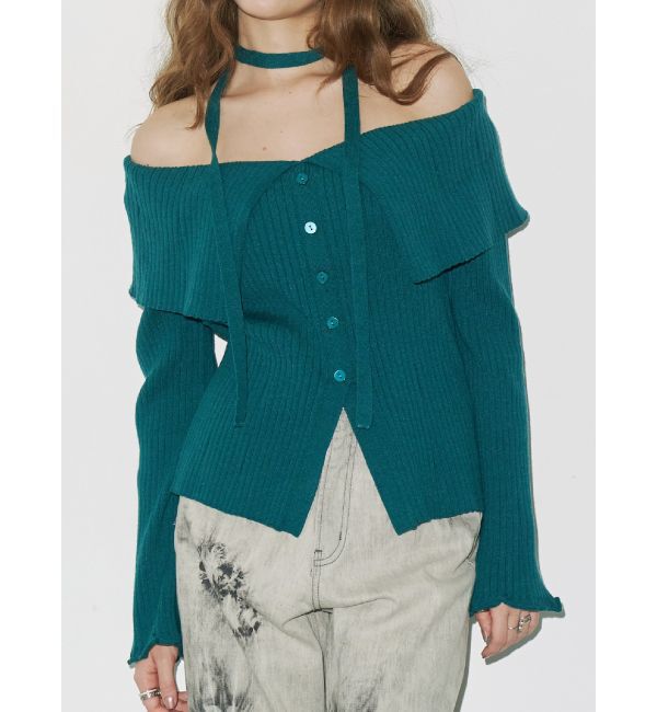 EVRIS「チョーカーオフショルニットトップス」|ニット・セーター|グリーン