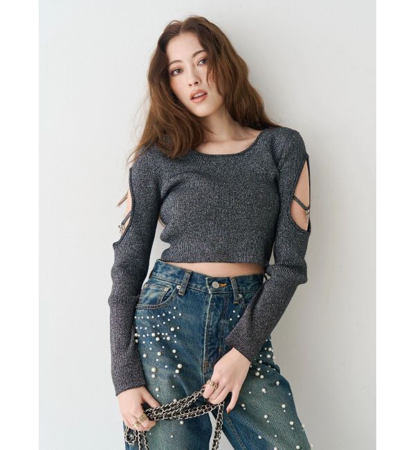 EVRIS「オープンアームラメチャームニットトップス」|ニット・セーター|