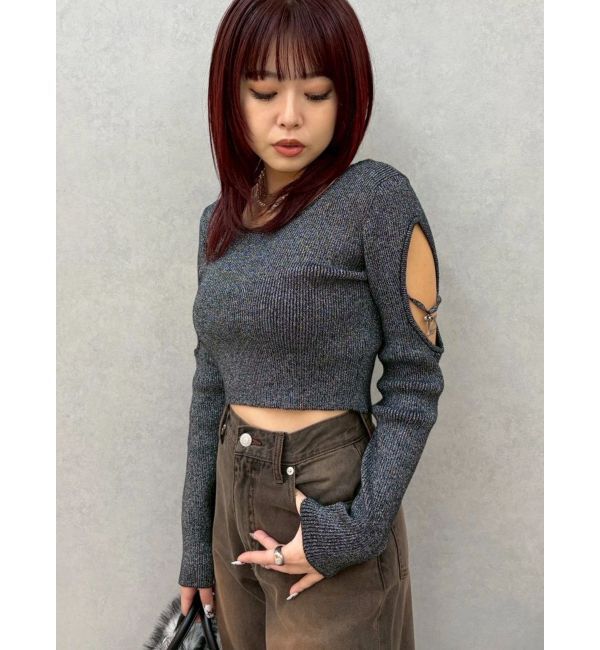 EVRIS「オープンアームラメチャームニットトップス」|ニット・セーター|
