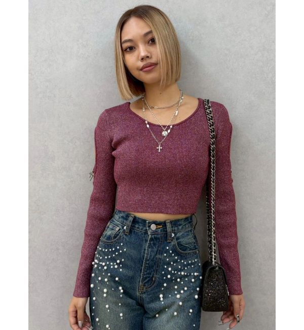 EVRIS「オープンアームラメチャームニットトップス」|ニット・セーター|