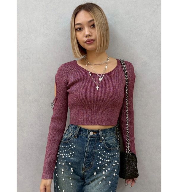 EVRIS「オープンアームラメチャームニットトップス」|ニット・セーター|レッド