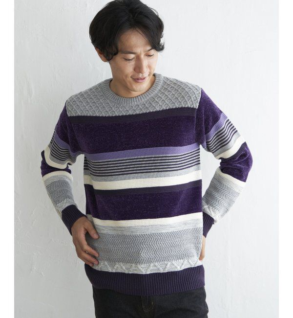 ikka「モールミックスボーダーニット」|プルオーバー|パープル