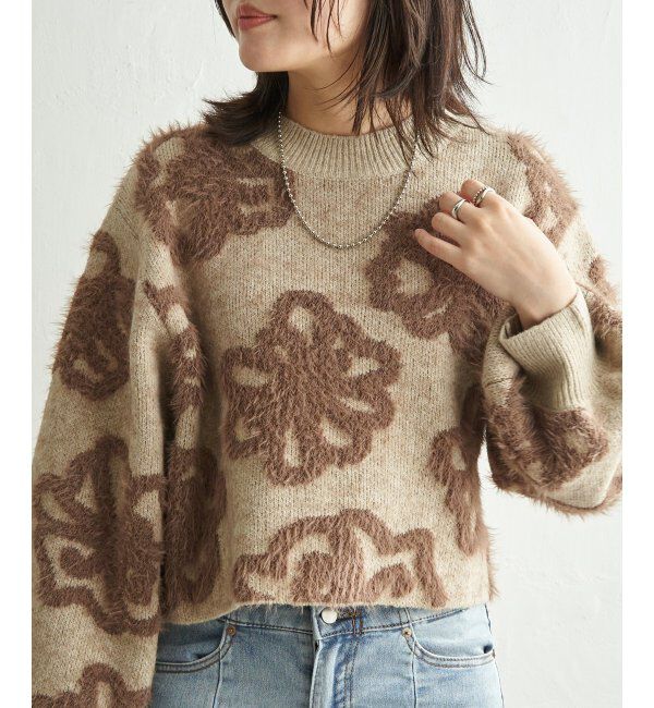VENCE share style「BIGフラワーモチーフジャガードプルオーバー」|ニット・セーター|ベージュ