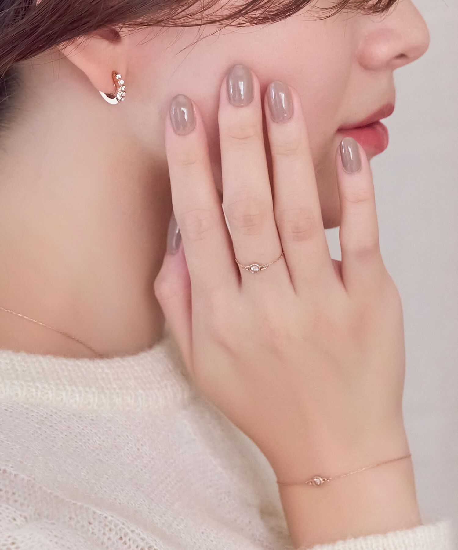 Phoebe「≪サイズ調整可能≫【金属アレルギー対応】プチベゼルストーンチェーンリング　シャンパンゴールド」|リング|