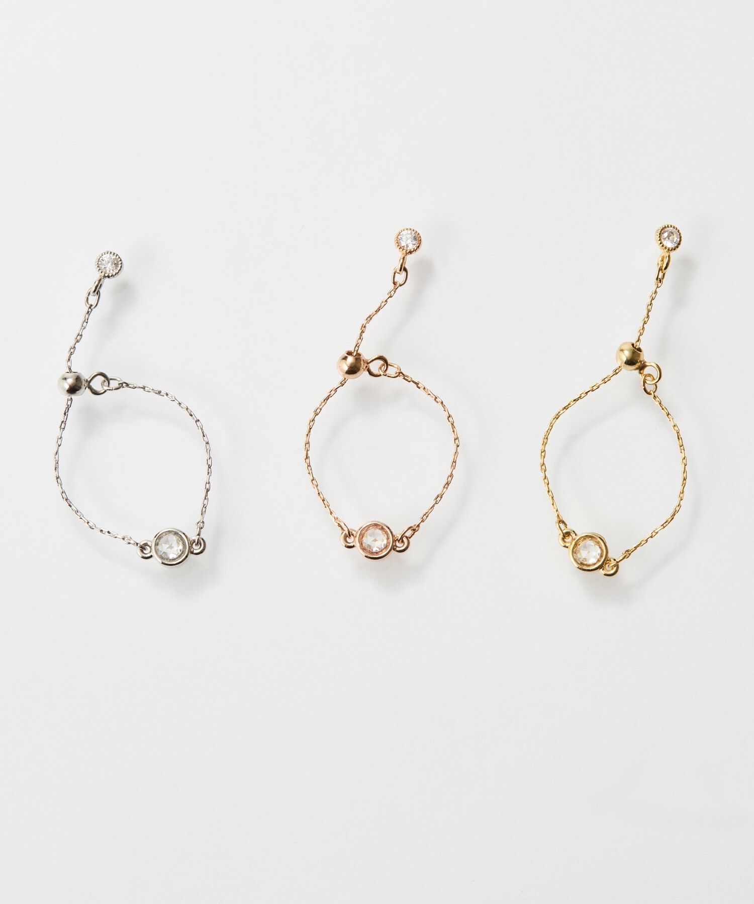 Phoebe「≪サイズ調整可能≫【金属アレルギー対応】プチベゼルストーンチェーンリング　シャンパンゴールド」|リング|