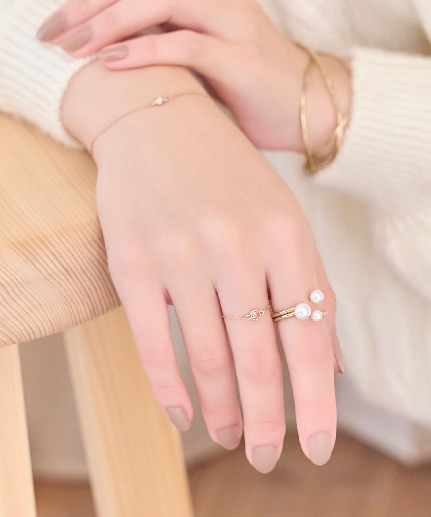 Phoebe「≪サイズ調整可能≫【金属アレルギー対応】プチベゼルストーンチェーンリング　シャンパンゴールド」|リング|