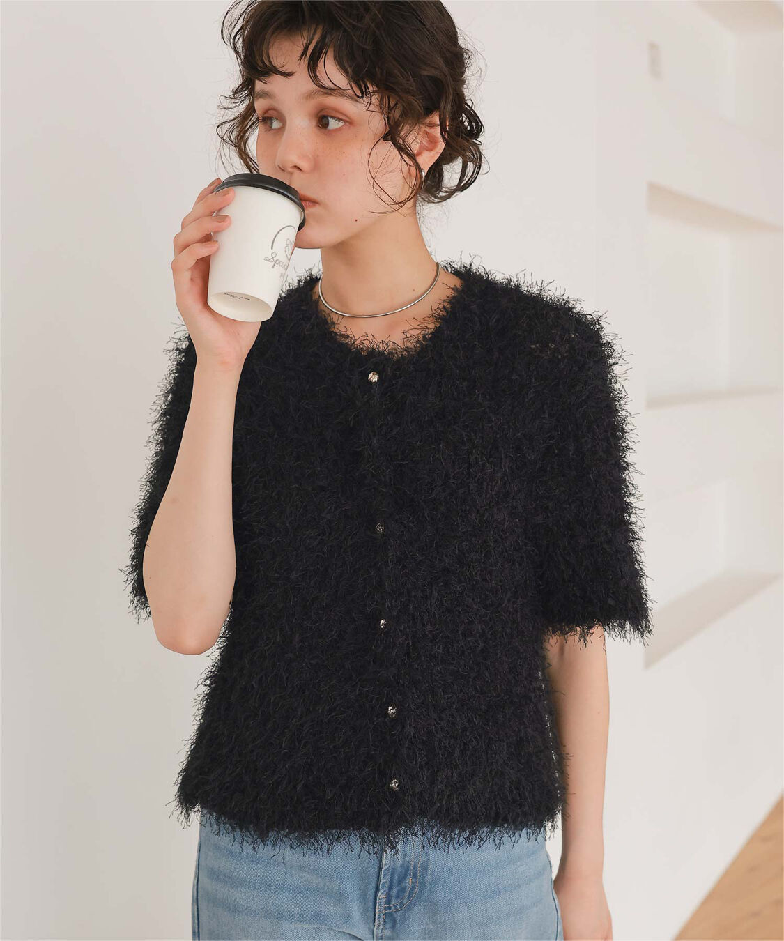 titivate「ハーフスリーブシャギーニットトップス」|ニット・セーター|ブラック