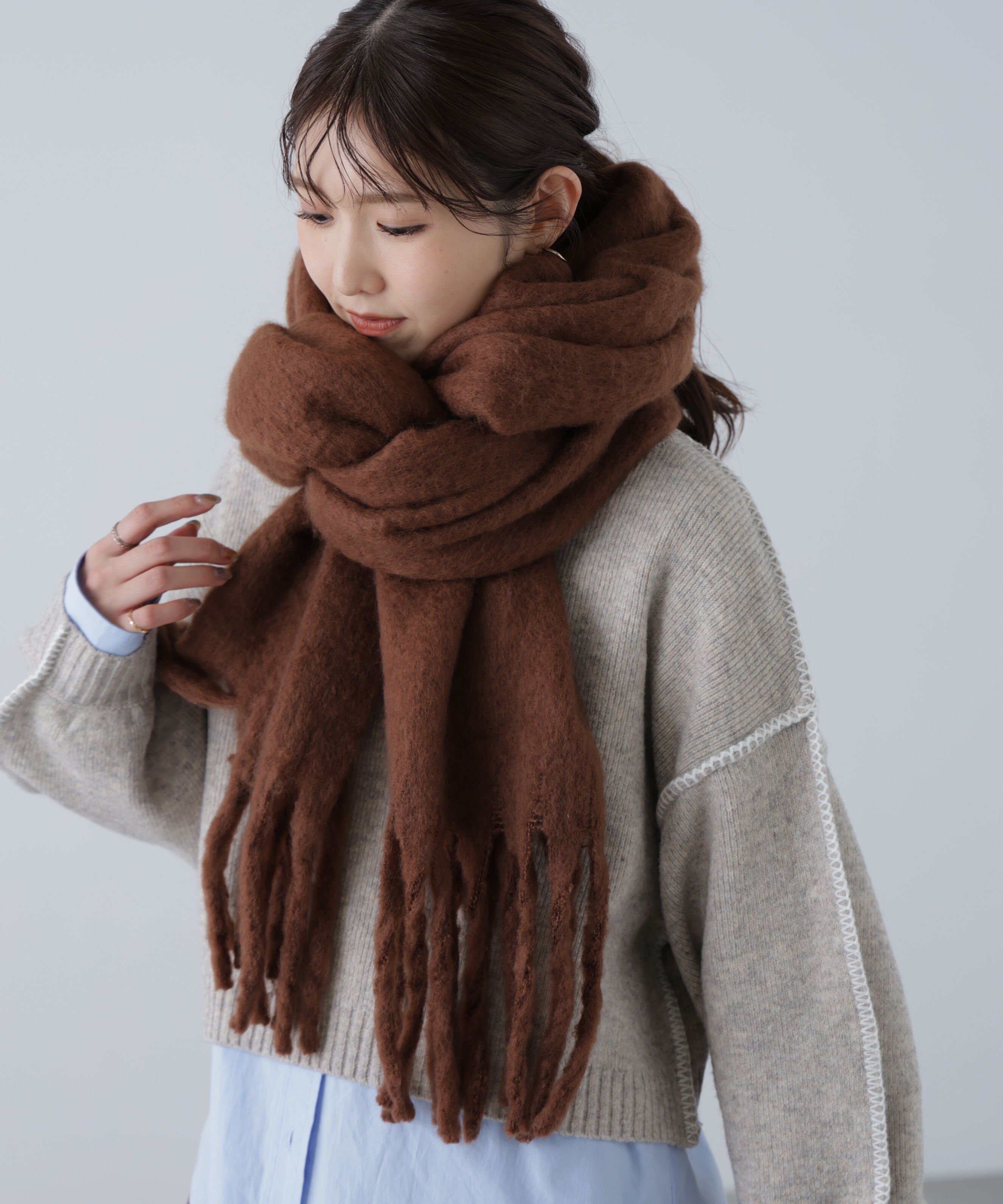  「大判無地ストール」|ソックス|ブラウン