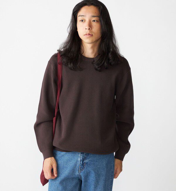 SHIPS「SHIPS:〈洗濯機可能〉SOLOTEX(R) 12ゲージ コットン 畦編み クルーネック ニット」|ニット・セーター|ブラウン