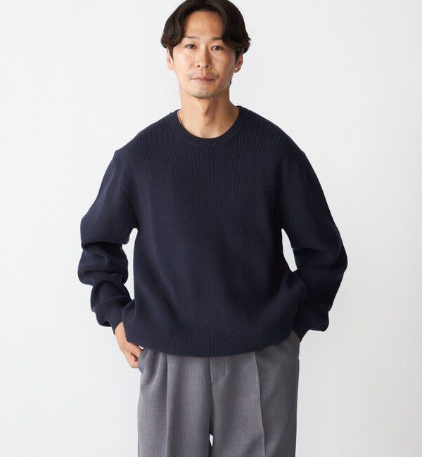 SHIPS「SHIPS:〈洗濯機可能〉SOLOTEX(R) 12ゲージ コットン 畦編み クルーネック ニット」|ニット・セーター|ネイビー