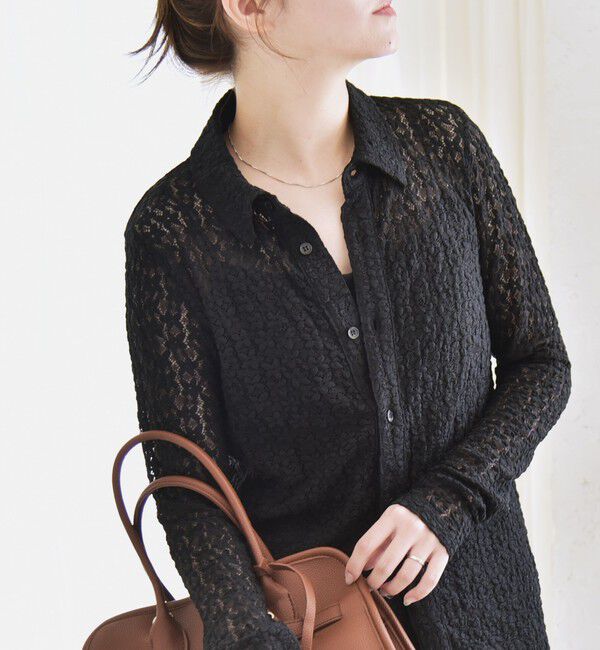 quaranciel「quaranciel:〈手洗い可能〉フラワー レース ストレッチ レギュラーカラー シャツ カットソー」|Tシャツ・カットソー|