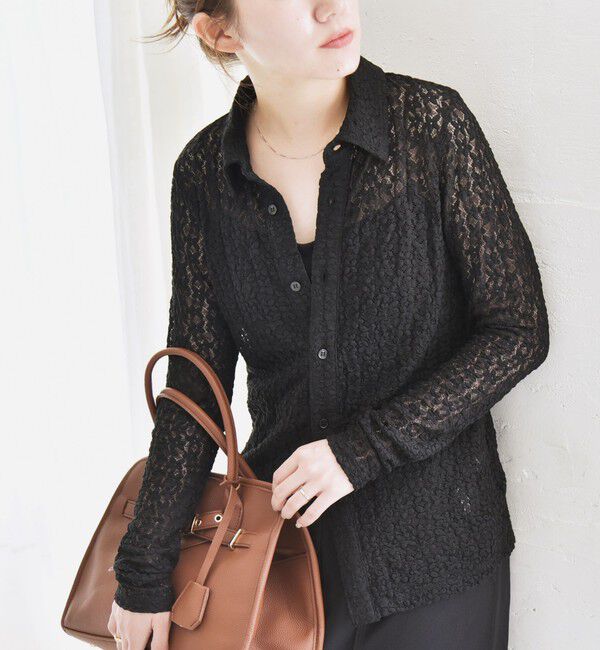 quaranciel「quaranciel:〈手洗い可能〉フラワー レース ストレッチ レギュラーカラー シャツ カットソー」|Tシャツ・カットソー|