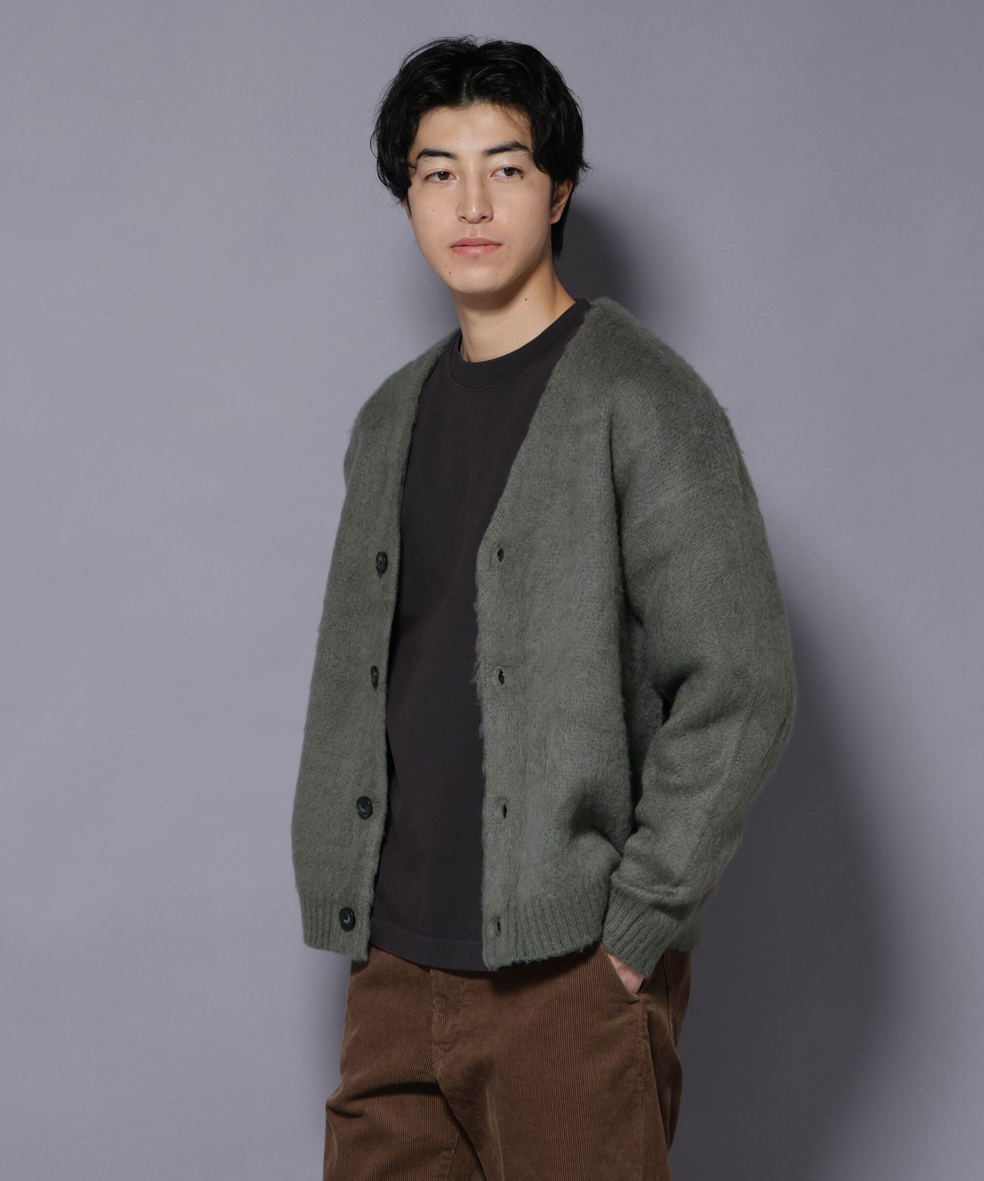 nano･universe「モヘヤライクニットカーディガン」|ニット・セーター|カーキ