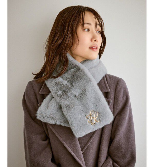 ROPE PICNIC PASSAGE「ブローチ付きフェイクファーティペット」|マフラー|グレー(07)