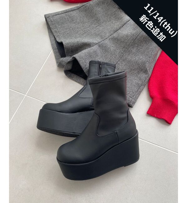 MAJESTICLEGON「厚底ストレッチショートブーツ」|ショートブーツ|ブラック柄