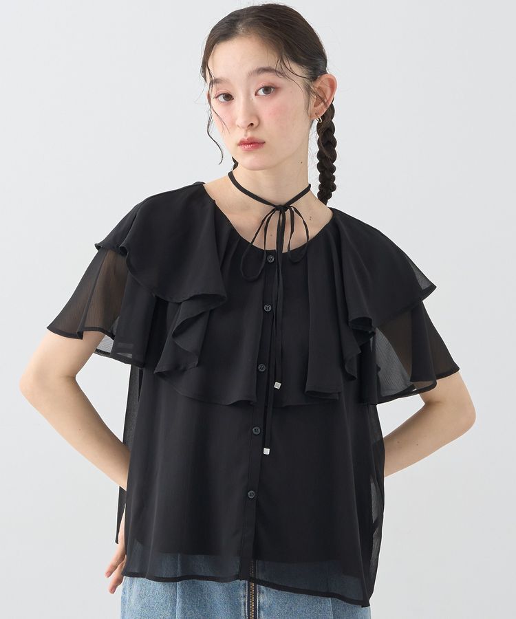 earth music&ecology「チョーカー付き楊柳ラッフルブラウス」|シャツ・ブラウス|Black