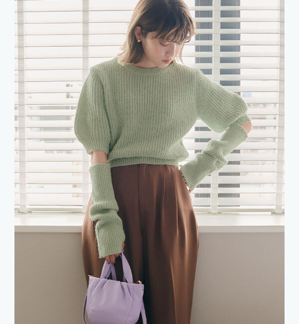 titivate「アームウォーマー付パフスリーブニット」|ニット・セーター|ライトグリーン