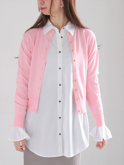 Te chichi「メタルスクエア釦クルーネックカーディガン」|カーディガン|ピンク