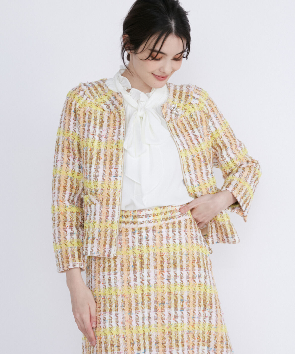 Maglie le cassetto「《M Maglie le cassetto》コットンキャンディーツイードジャケット」|ノーカラージャケット|イエロー