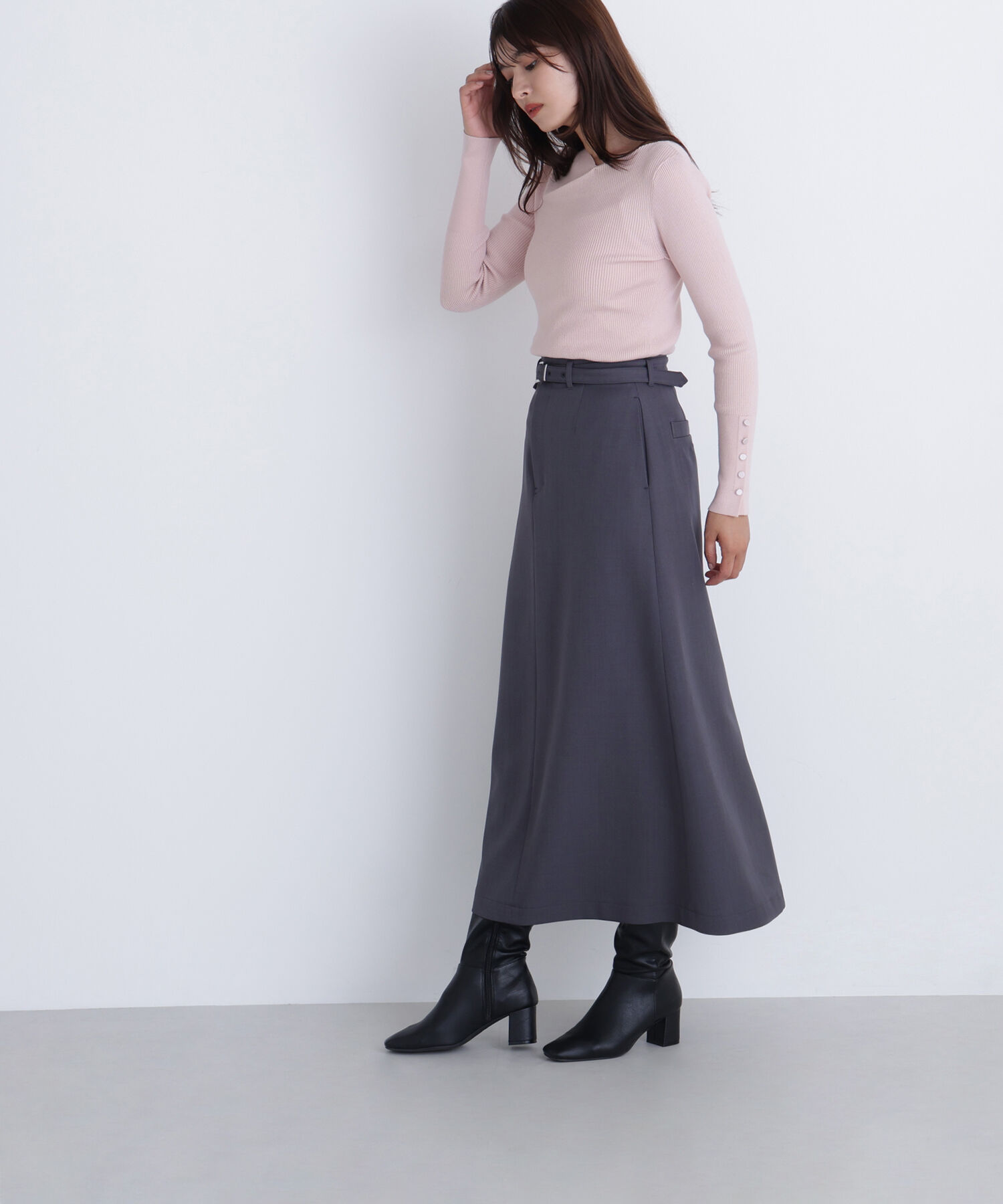  「ベルテッドセミフレアロングスカート」|スカート|