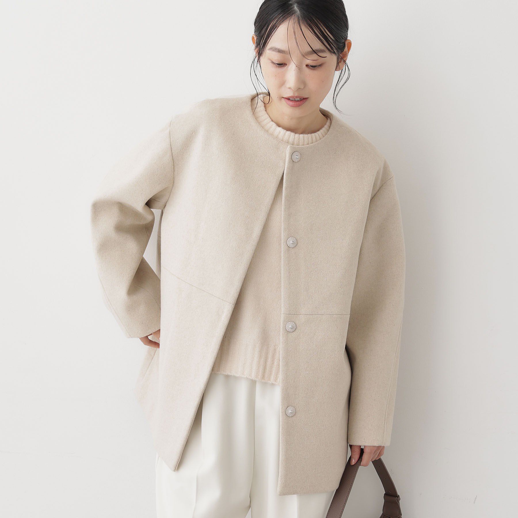 Dessin「ウール混クルーネックコート」|ノーカラーコート|